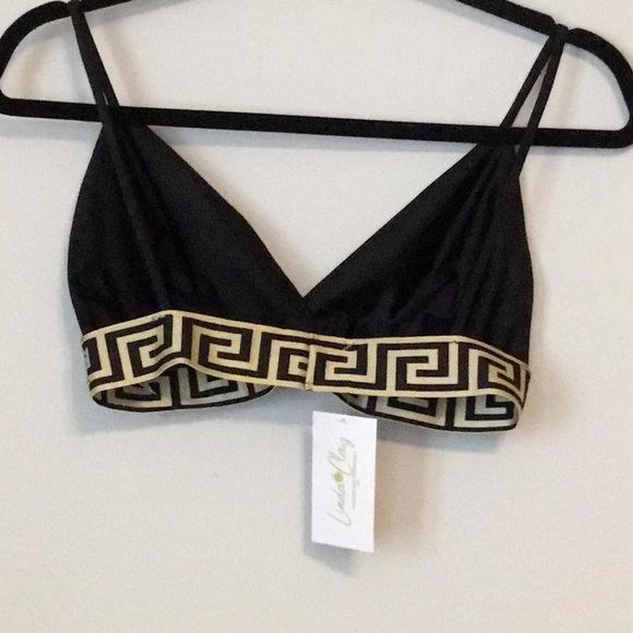 Geo Gold Trim Spaghetti Strap Crop Top Black Bralette - Elevate Your Style - Picture 7 of 9